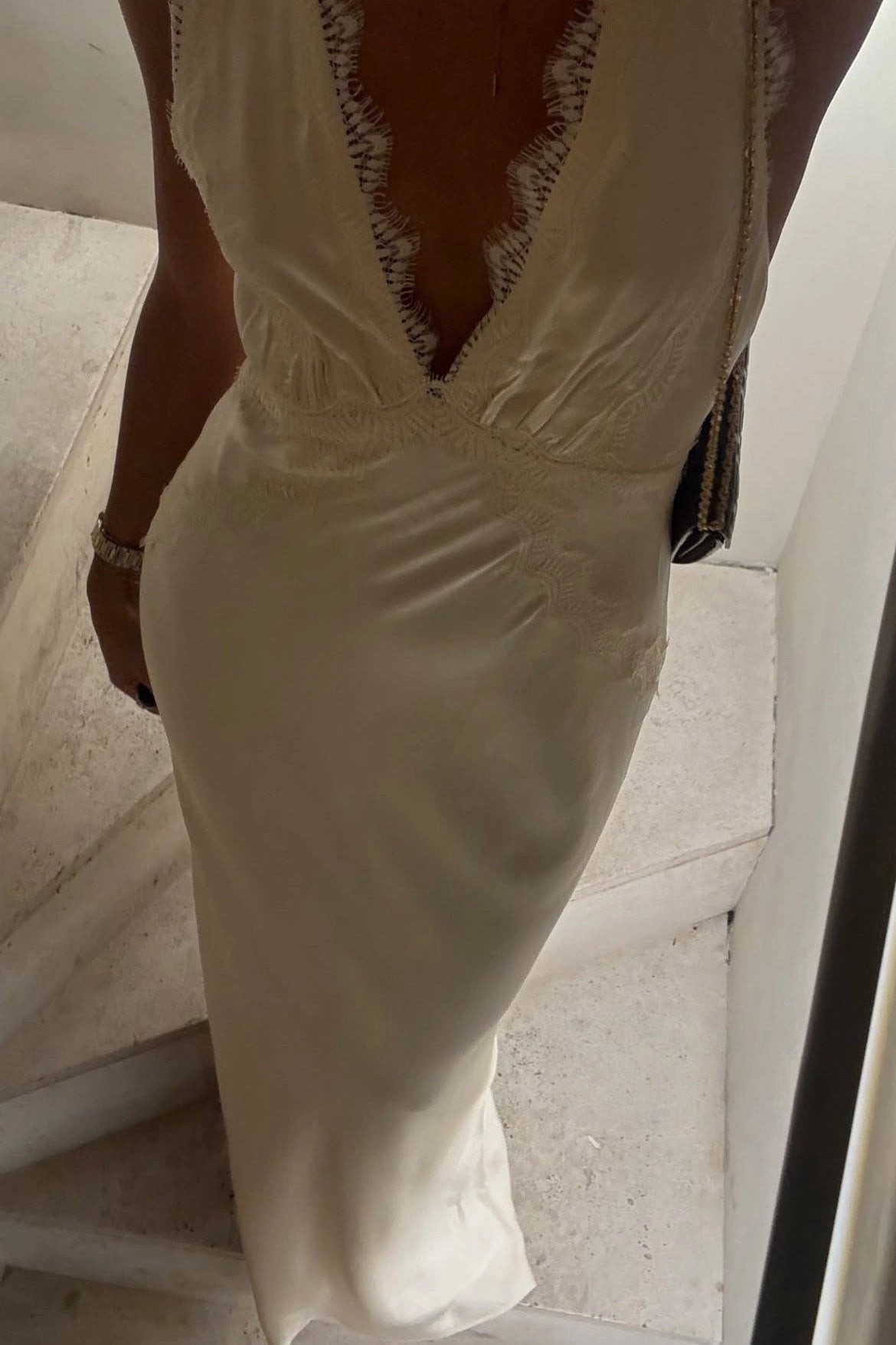 Ivory fitted wedding guest dress with delicate lace trimmed V neckline by Vedress